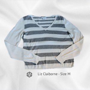Liz Claiborne Grey and White V Neck Striped Sweater - Size M
